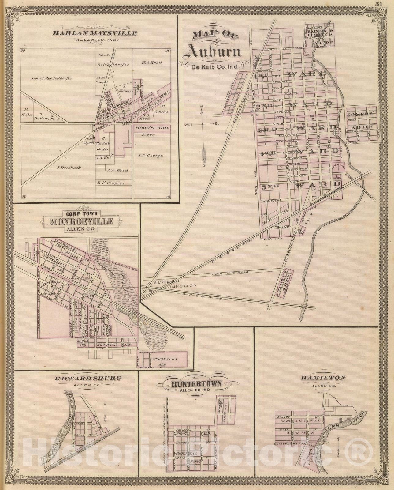 Historic Map : 1876 Map of Auburn, De Kalb Co, Ind. (with) Harlan Maysville, Monroeville, Edwardsburg, Huntertown, Hamilton. - Vintage Wall Art