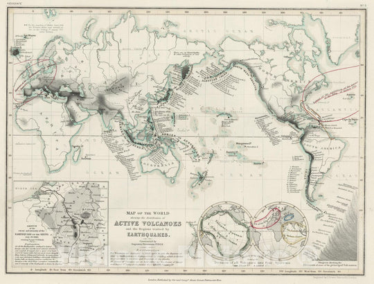 Historic Map : 1850 World Active Volcanoes and Earthquake Regions. - Vintage Wall Art