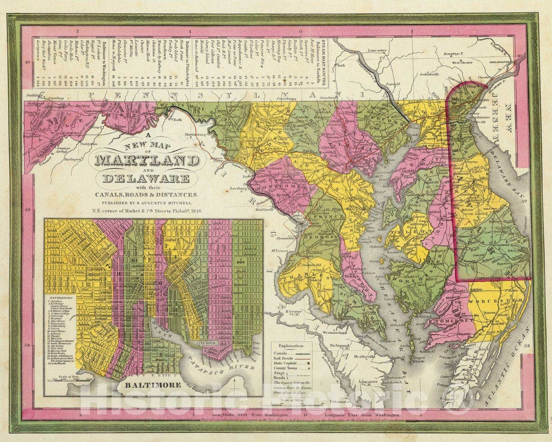 Historic Map : 1846 New Map Of Maryland and Delaware. - Vintage Wall Art