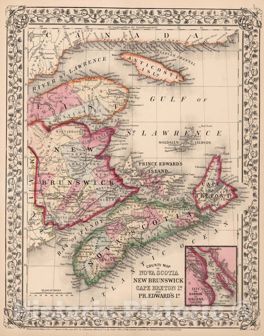 Historic Map : 1868 County map of Nova Scotia, New Brunswick, Cape Breton Id, and Pr. Edward's Id. - Vintage Wall Art