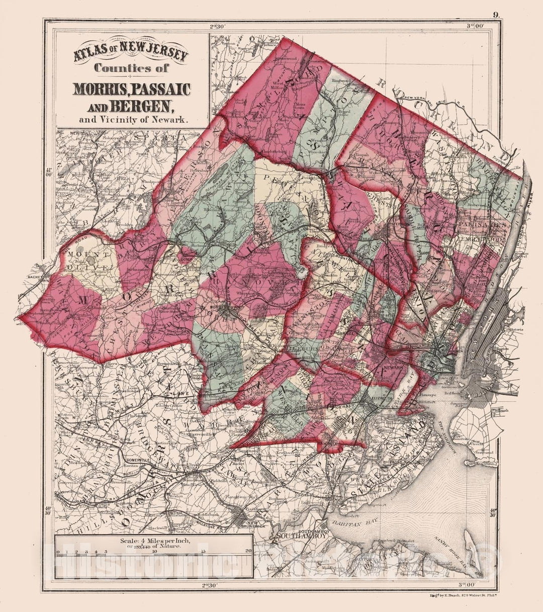 Historic Map - 1873 Atlas of New Jersey, Counties of Morris, Passaic and Bergen, and Vicinity of Newark. - Vintage Wall Art
