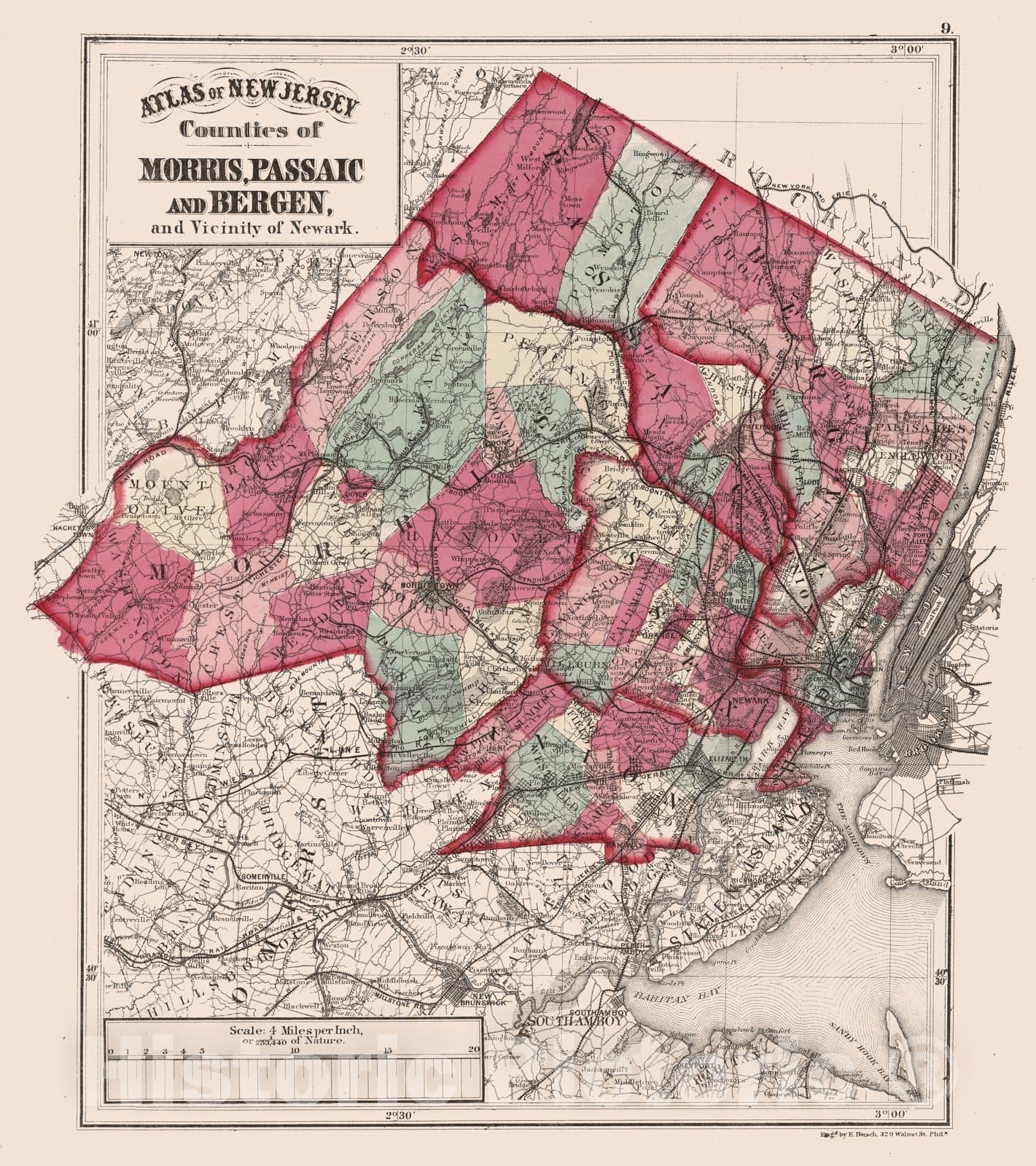 Historic Map - 1873 Atlas of New Jersey, Counties of Morris, Passaic and Bergen, and Vicinity of Newark. - Vintage Wall Art