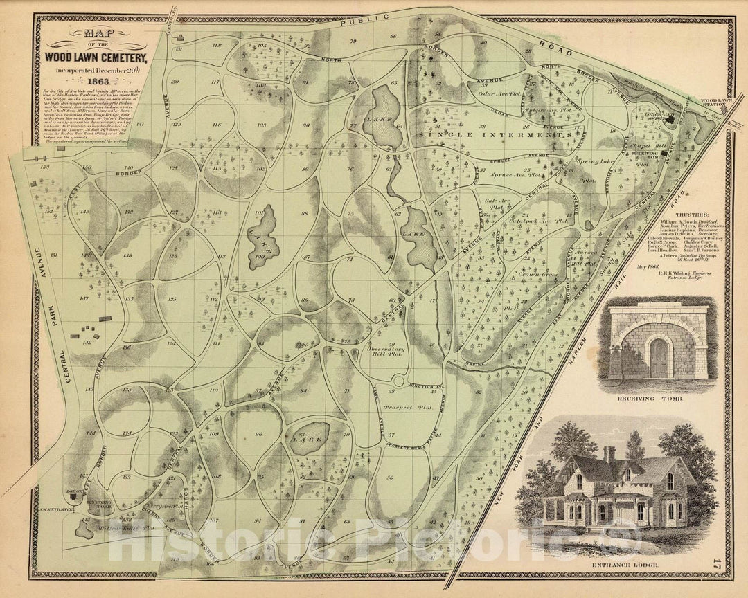 Historic Wall Map : 1868 Woodlawn Cemetery. - Vintage Wall Art