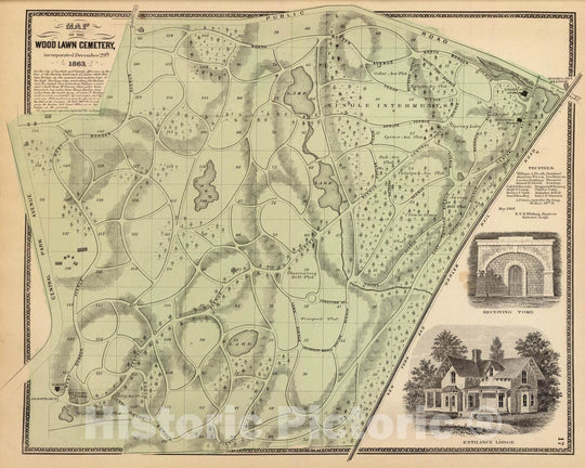 Historic Wall Map : 1868 Woodlawn Cemetery. - Vintage Wall Art