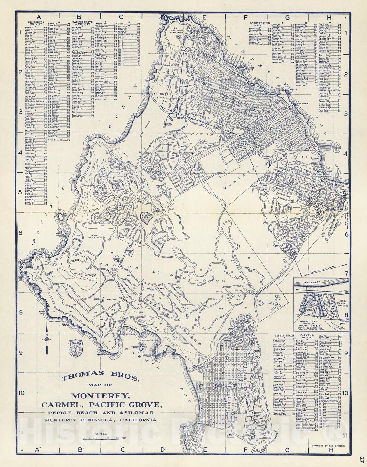 Historic Map - 1938 Thomas Bros. Map of Monterey, Carmel, Pacific Grove, Pebble Beach and Asilomar Monterey Peninsula, California. - Vintage Wall Art