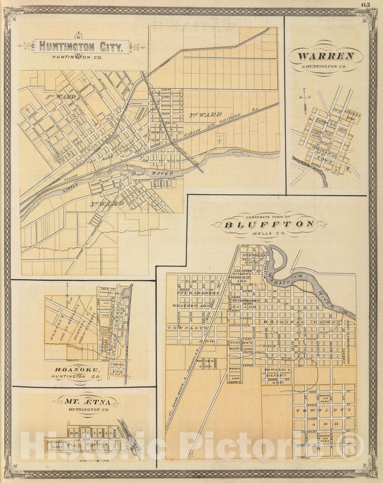 Historic Map : 1876 Huntington City, Huntington Co, Ind. (with) Warren, Roanoke, Mt. Aetna, Bluffton. - Vintage Wall Art