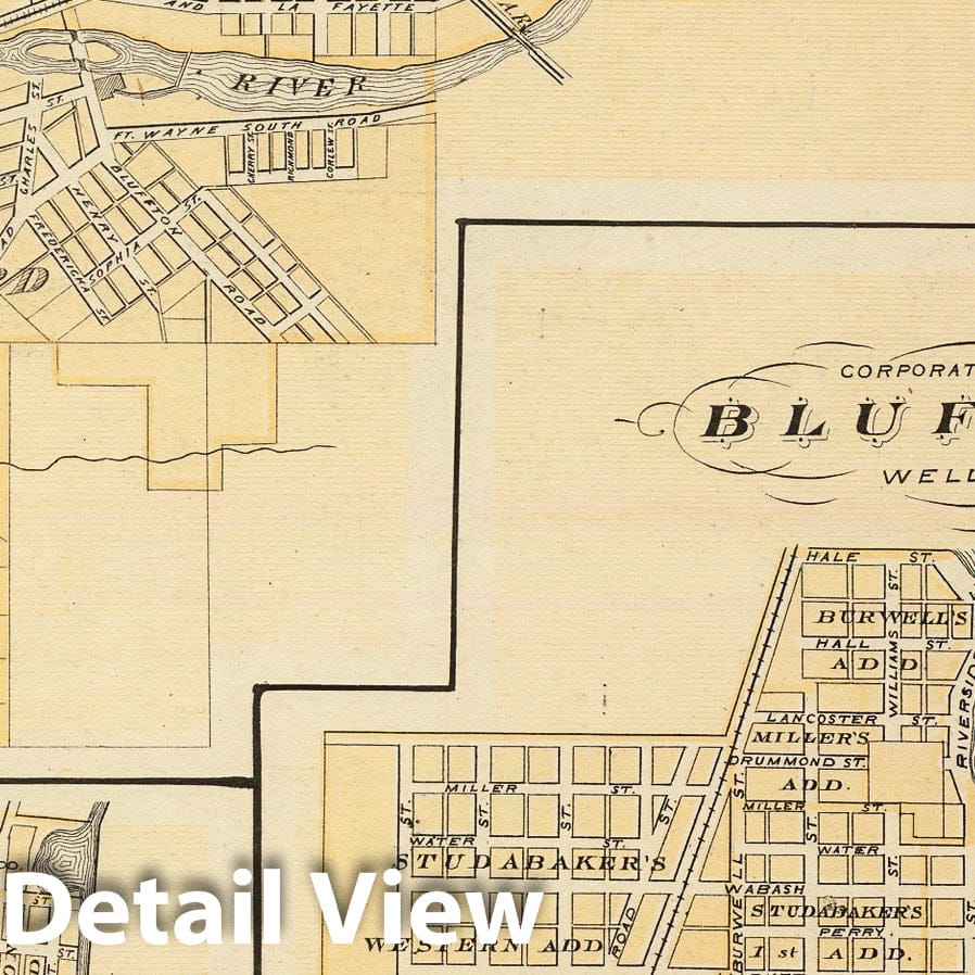 Historic Map : 1876 Huntington City, Huntington Co, Ind. (with) Warren, Roanoke, Mt. Aetna, Bluffton. - Vintage Wall Art