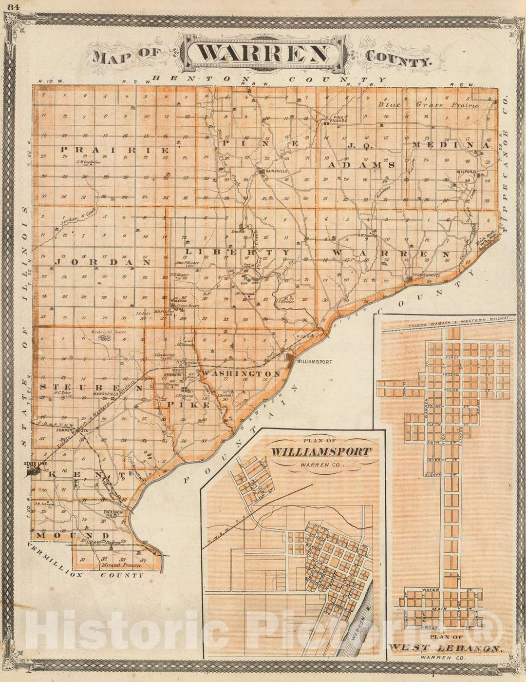 Historic Map : 1876 Map of Warren County. (with) Plan of West Lebanon, Williamsport, Warren Co. - Vintage Wall Art