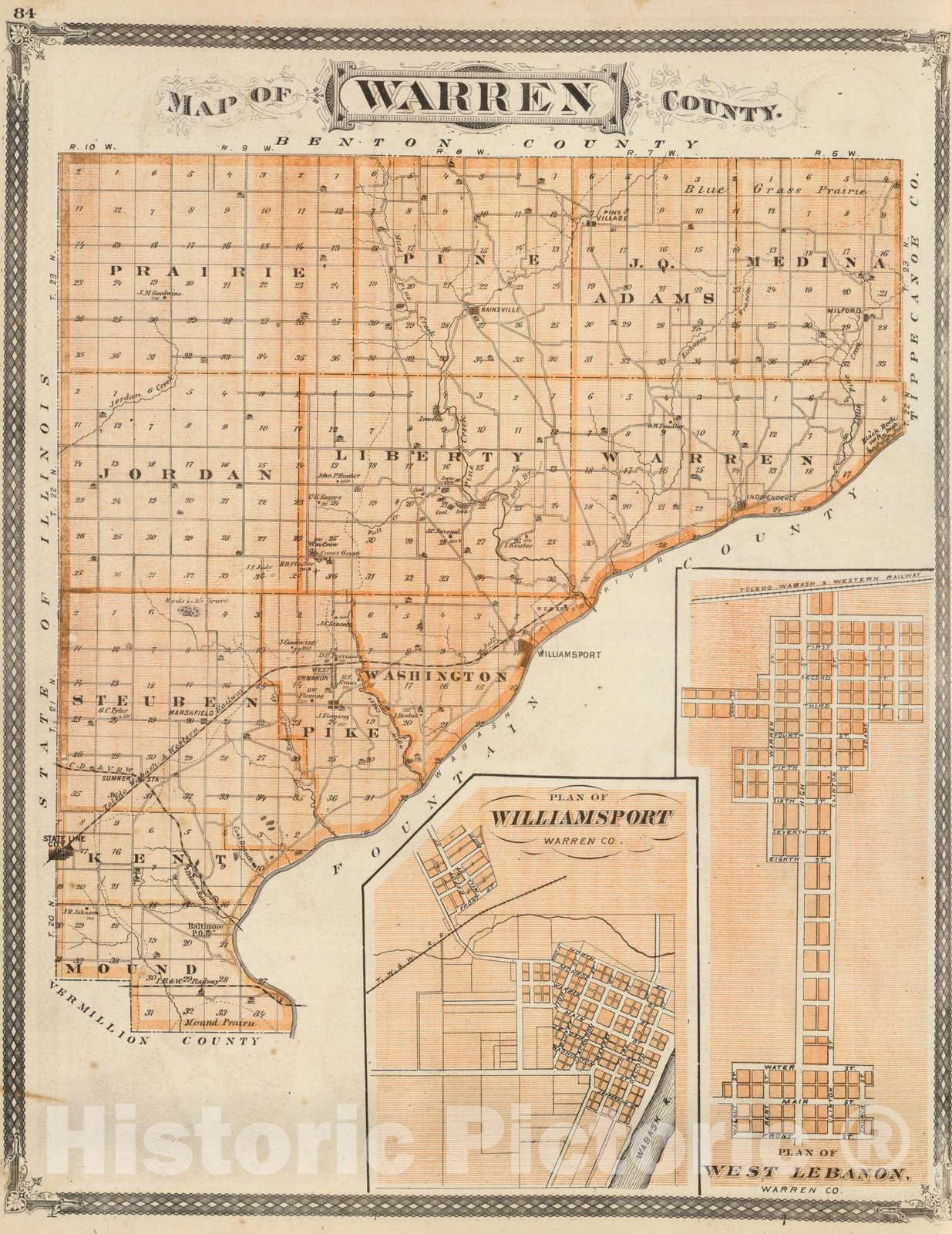 Historic Map : 1876 Map of Warren County. (with) Plan of West Lebanon, Williamsport, Warren Co. - Vintage Wall Art