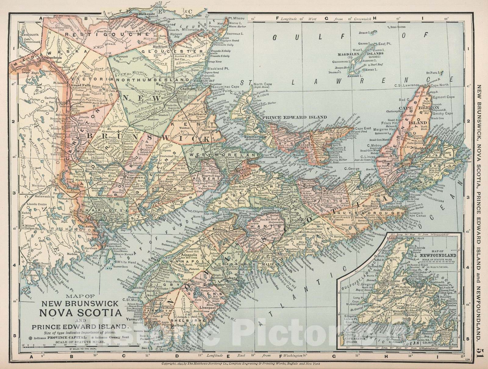 Historic Map : 1891 Map of New Brunswick, Nova Scotia, Prince Edward Island and Newfoundland 51 - Vintage Wall Art