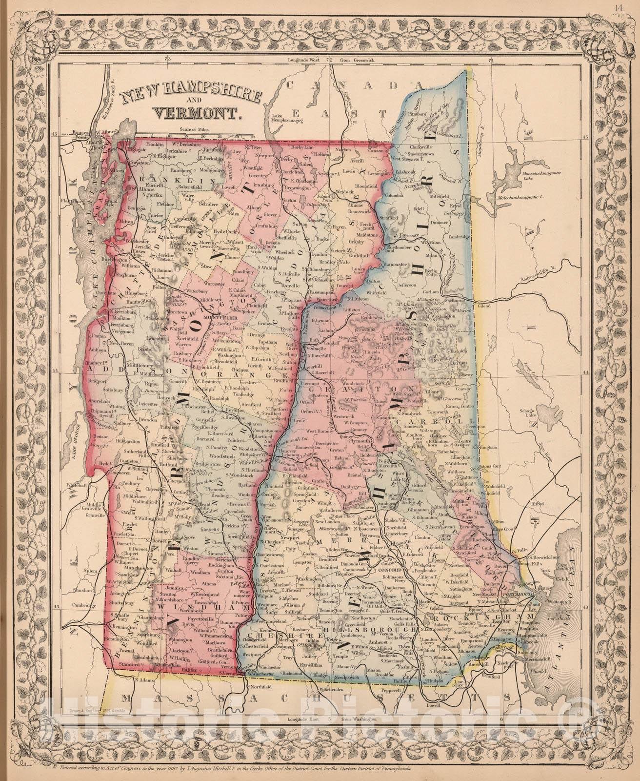 Historic Map : 1868 New Hampshire and Vermont - Vintage Wall Art