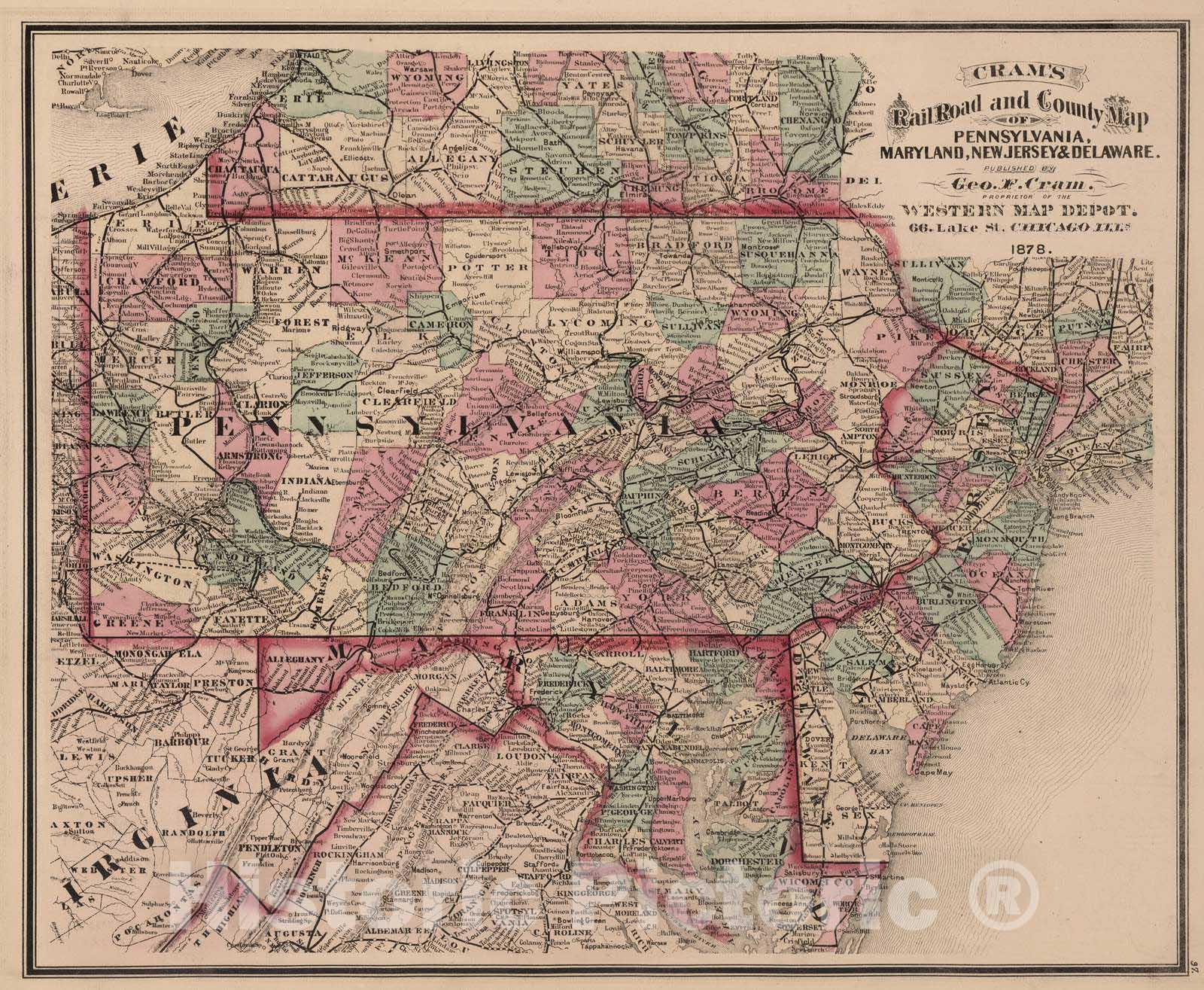 Historic Map : National Atlas - 1878 Pennsylvania, Maryland, New Jersey and Delaware - Vintage Wall Art