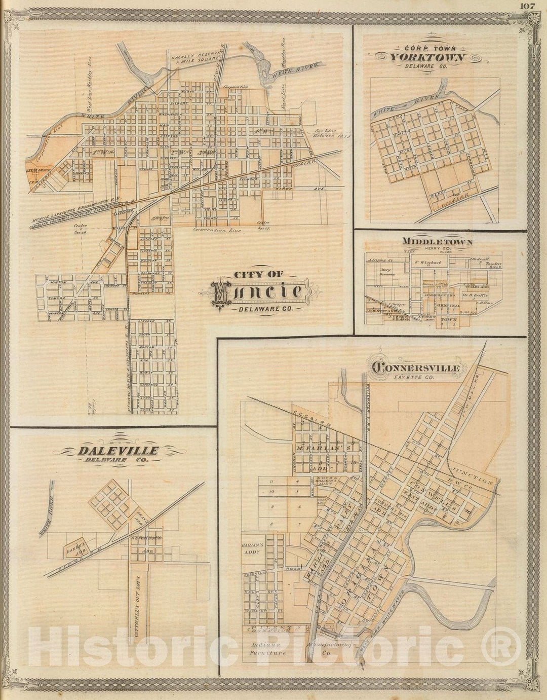 Historic Map : 1876 City of Muncie, Delaware Co. (with) Yorktown, Middletown, Daleville, Connersville. - Vintage Wall Art