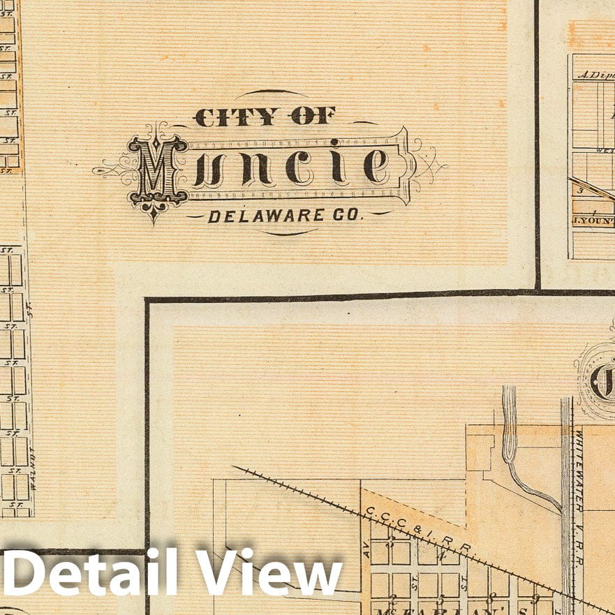 Historic Map : 1876 City of Muncie, Delaware Co. (with) Yorktown, Middletown, Daleville, Connersville. - Vintage Wall Art