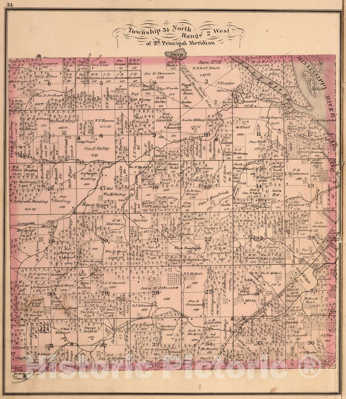 Historic Map : 1875 Township 54 North, Range 2 West of 3rd Principal Meridian, Pike County, Missouri. - Vintage Wall Art
