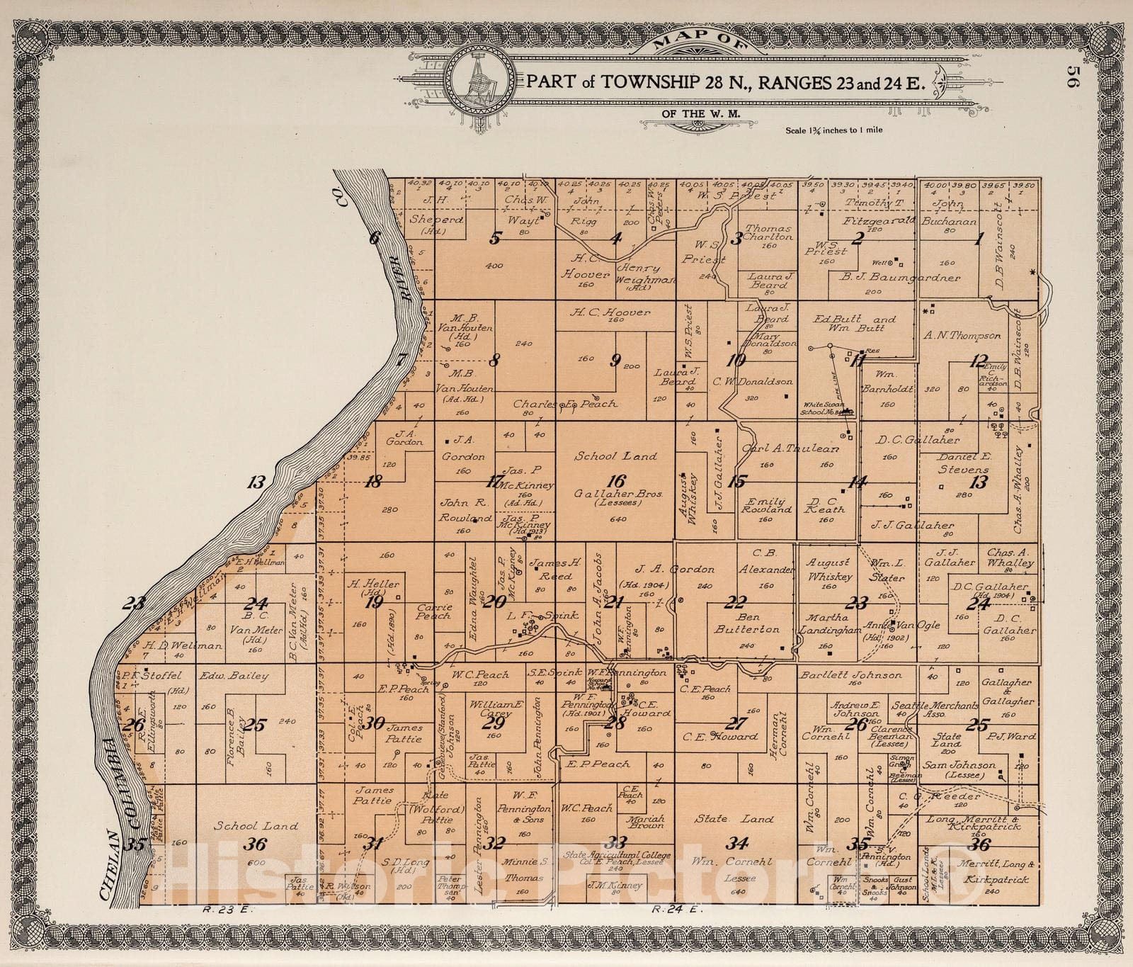 Historic Map : 1915 Part of Township 28 N, Range 23 and 24 E, Douglas County, Washington. - Vintage Wall Art