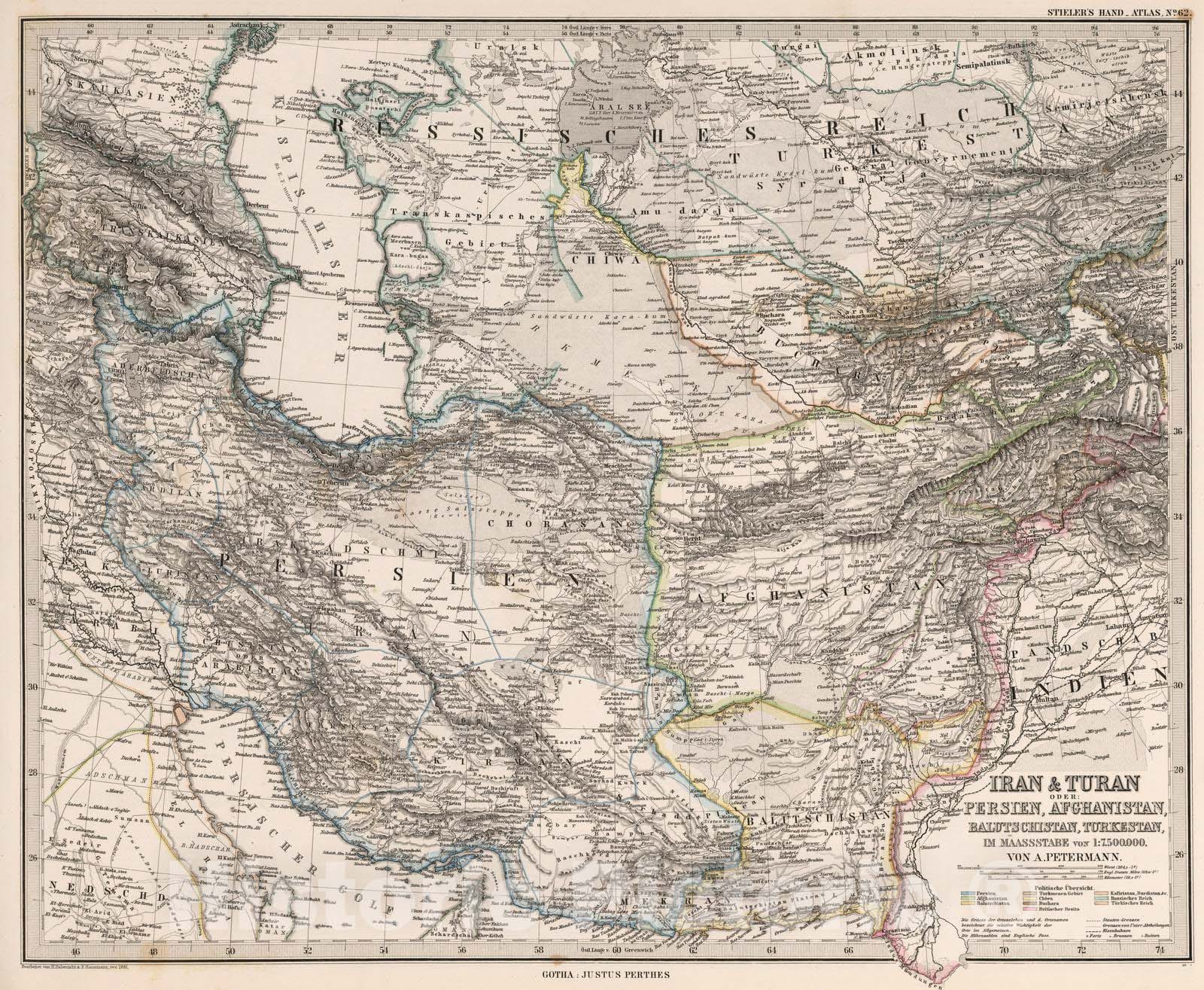 Historic Map : Afghanistan, 1881 Iran & Turan oder Persien, Afghanistan, Balutschistan, Turkestan. , Vintage Wall Art
