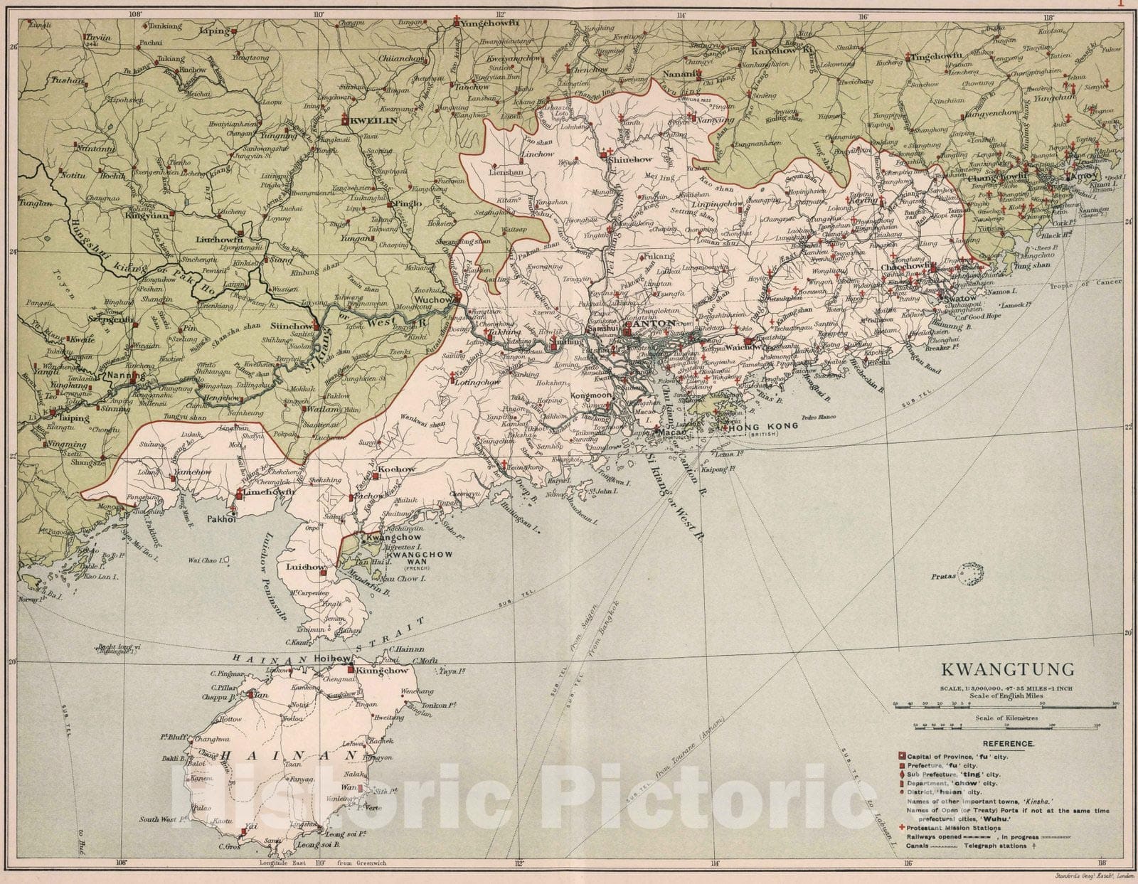 Historic Map : National Atlas - 1908 Kwangtung. Stanford's Geographical Establishment - Vintage Wall Art