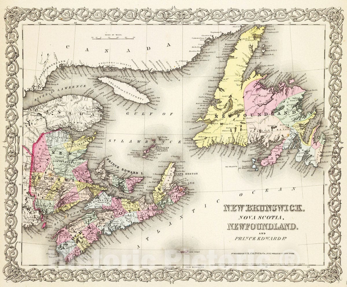 Historic Map : 1856 New Brunswick, Nova Scotia, Newfoundland, and Prince Edward Id. - Vintage Wall Art