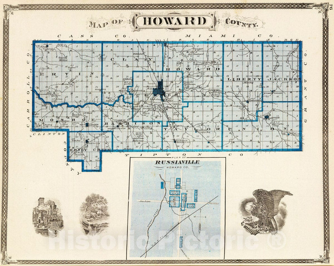 Historic Map : 1876 Map of Howard County (with) Russiaville. - Vintage Wall Art