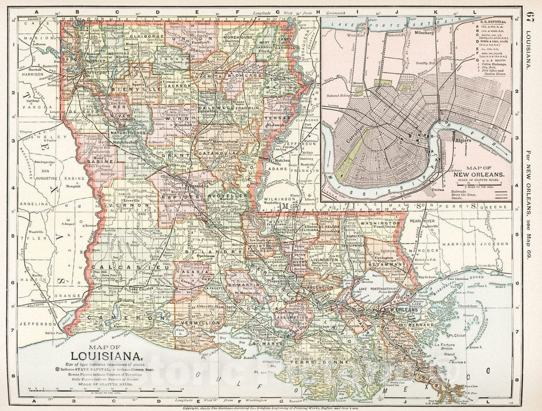 Historic Map : 1891 Map of Louisiana. 67 - Vintage Wall Art
