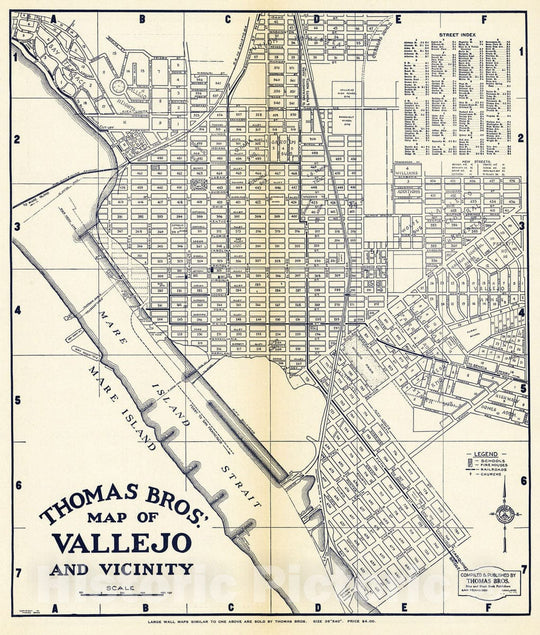 Historic Map : 1938 Thomas Bros.' Map of Vallejo and Vicinity, California. - Vintage Wall Art