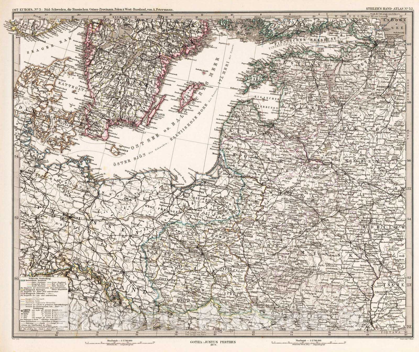 Historic Map : Latvia, 1879 Southern Sweden, Poland, Western Russia. , Vintage Wall Art