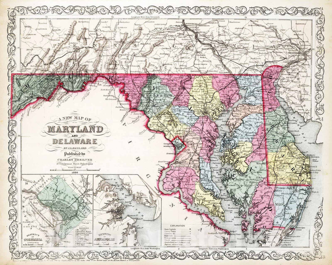 Historic Map : 1860 Maryland and Delaware. - Vintage Wall Art