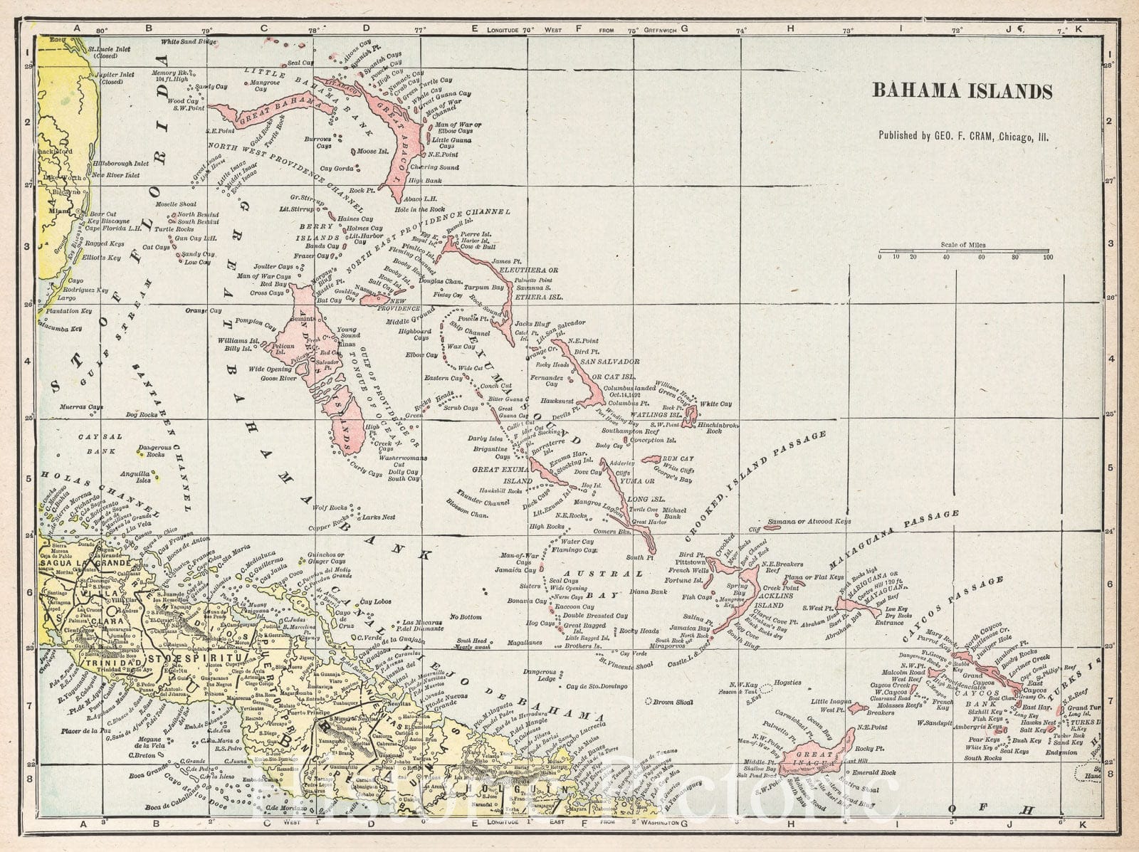 Historic Map : Bahamas, 1901 Bahama Islands , Vintage Wall Art