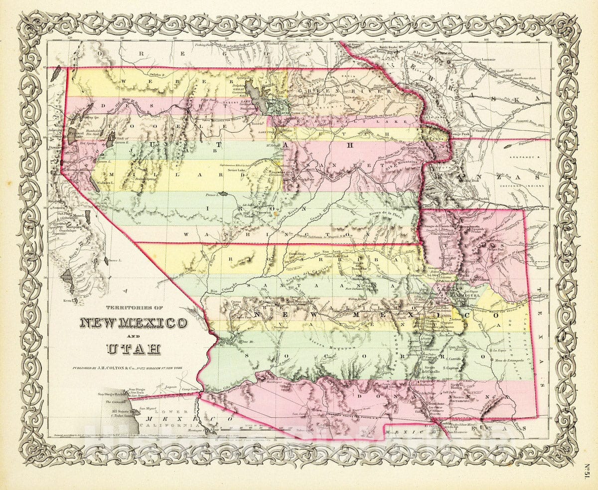 Historic Map : 1856 Territories Of New Mexico and Utah. - Vintage Wall Art