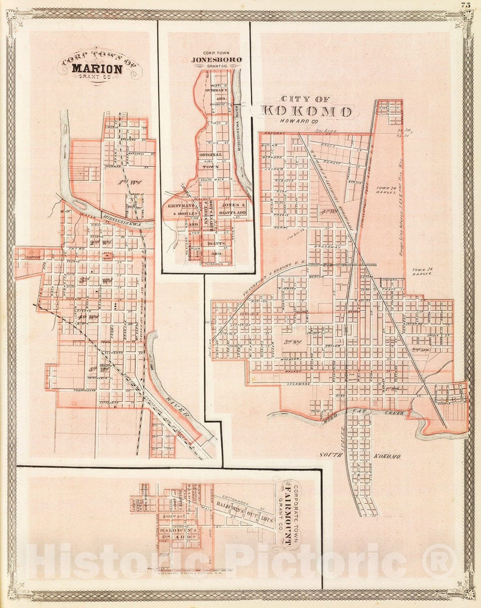 Historic Map : 1876 City of Kokomo, Howard Co. (with) Marion, Jonesboro, Fairmount. - Vintage Wall Art