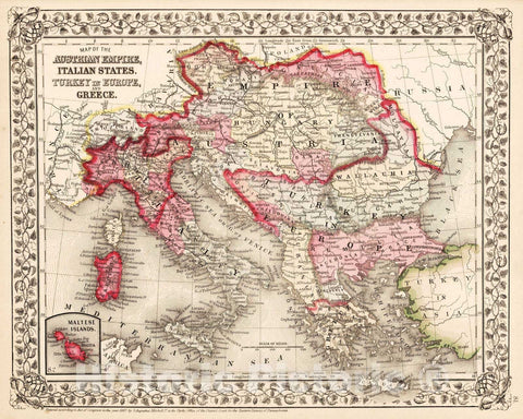 Historic Map : 1868 Map of Austrian Empire, Italian State. Turkey in Europe, and Greece - Vintage Wall Art