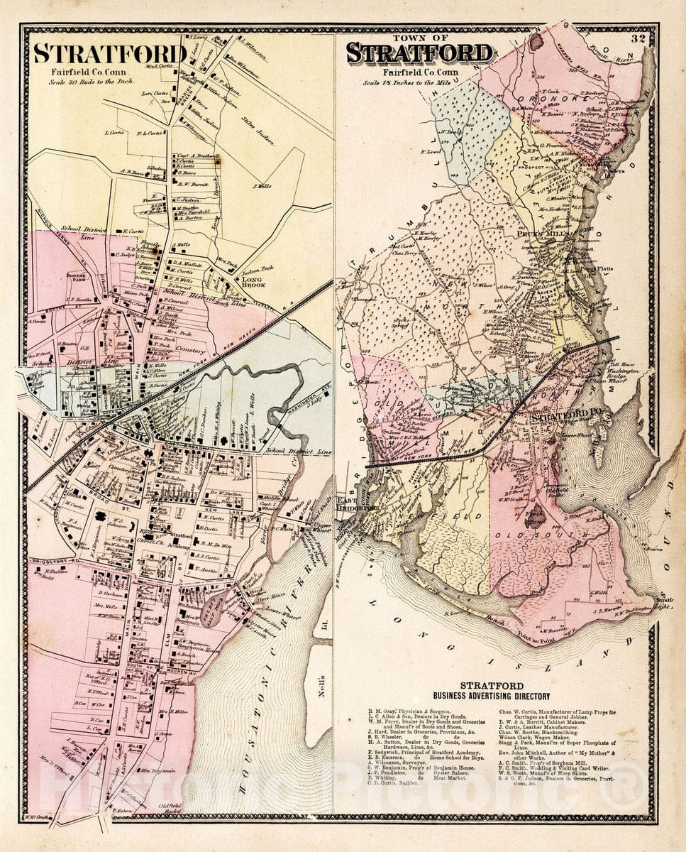 Historic Map : 1867 Stratford Connecticut. Town of Stratford, Fairfield County, Connecticut. - Vintage Wall Art