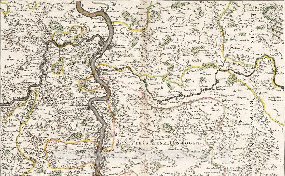 Historic Map : France, 1705 Pais scituez entre le Rhein, la Saare, la Moselle, et la Basse Alsace (northeastern sheet). , Vintage Wall Art
