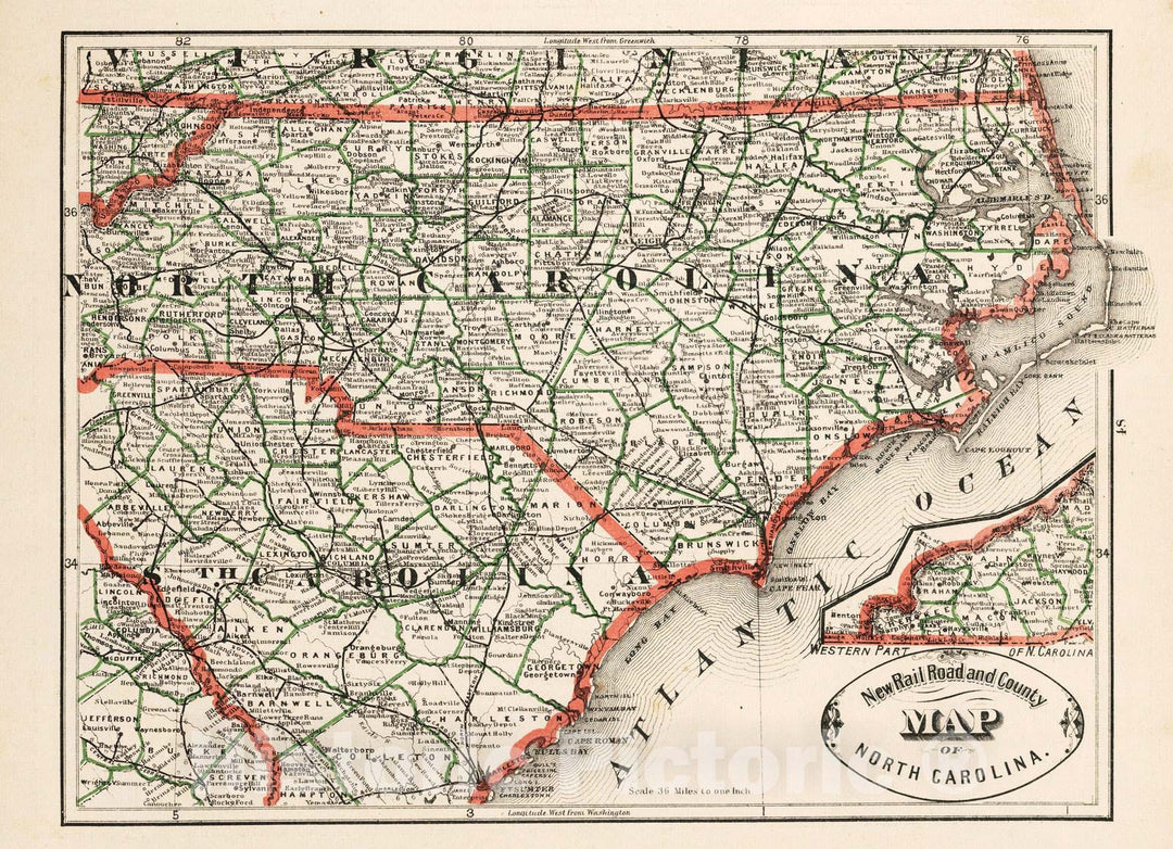 Historic Map : 1883 New Rail Road and Count Map of North Carolina. - Vintage Wall Art