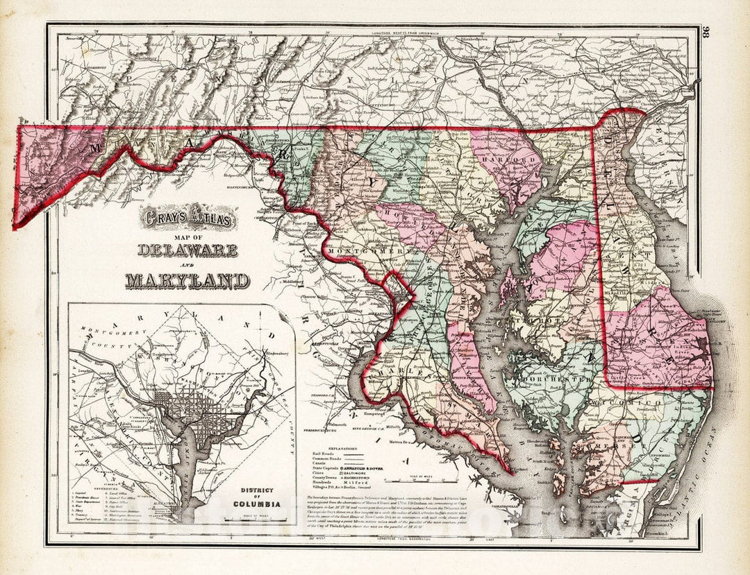 Historic Wall Map : 1873 Delaware and Maryland. - Vintage Wall Art