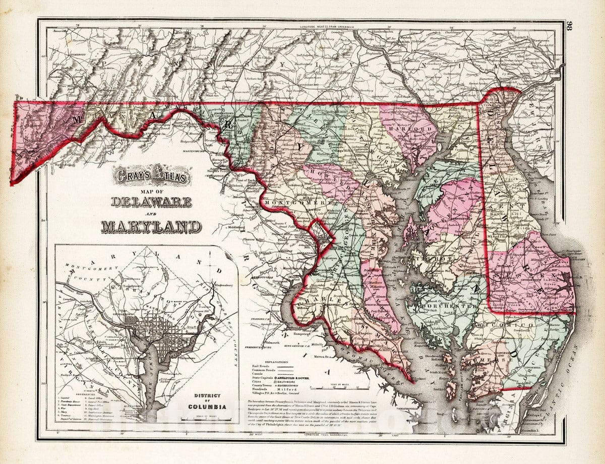 Historic Wall Map : 1873 Delaware and Maryland. - Vintage Wall Art
