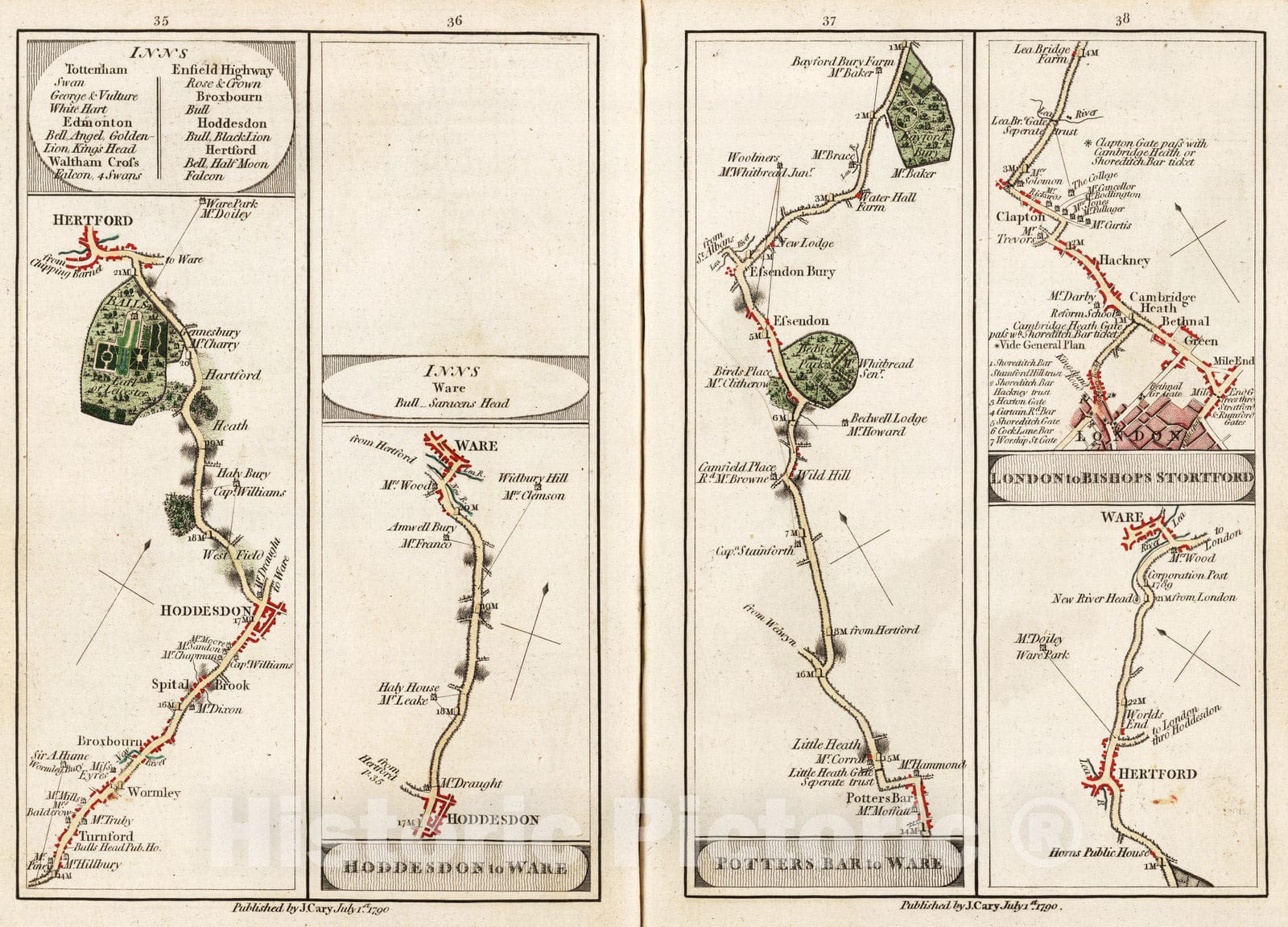 Historic Map : National Atlas - 1790 Hoddesdon to Ware, Potters Bar to Ware, London to Bishops Stortford. - Vintage Wall Art
