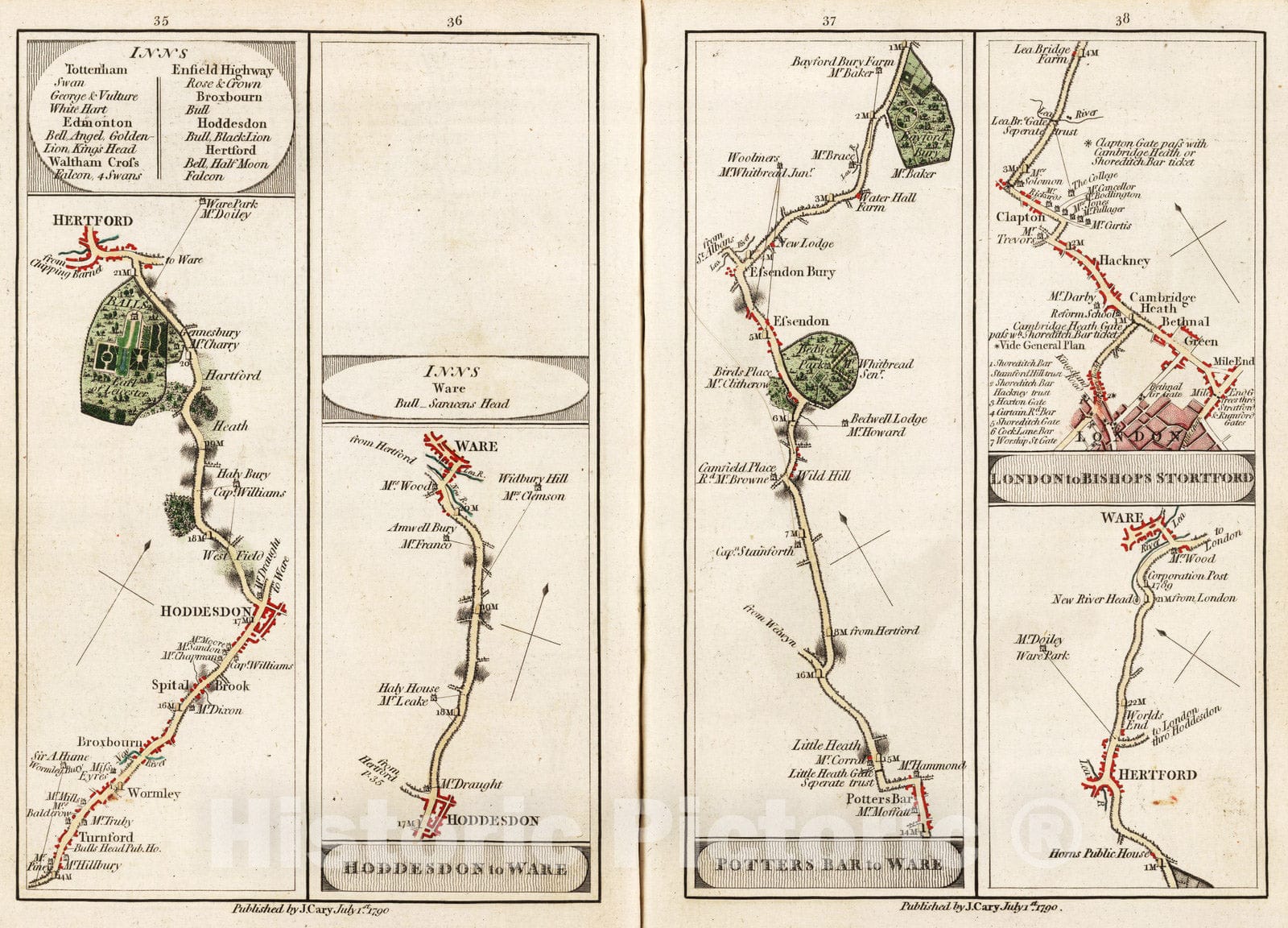Historic Map : National Atlas - 1790 Hoddesdon to Ware, Potters Bar to Ware, London to Bishops Stortford. - Vintage Wall Art