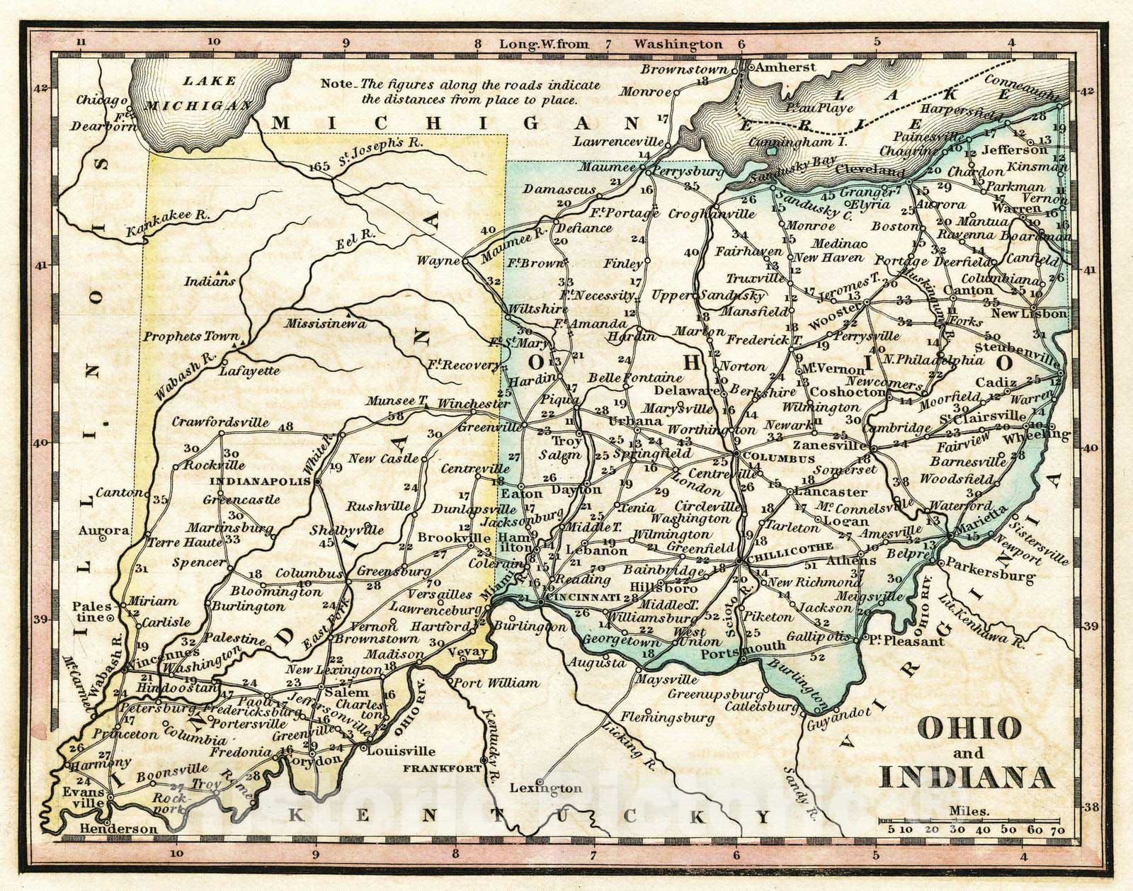 Historic Map : National Atlas - 1828 Ohio and Indiana - Vintage Wall Art