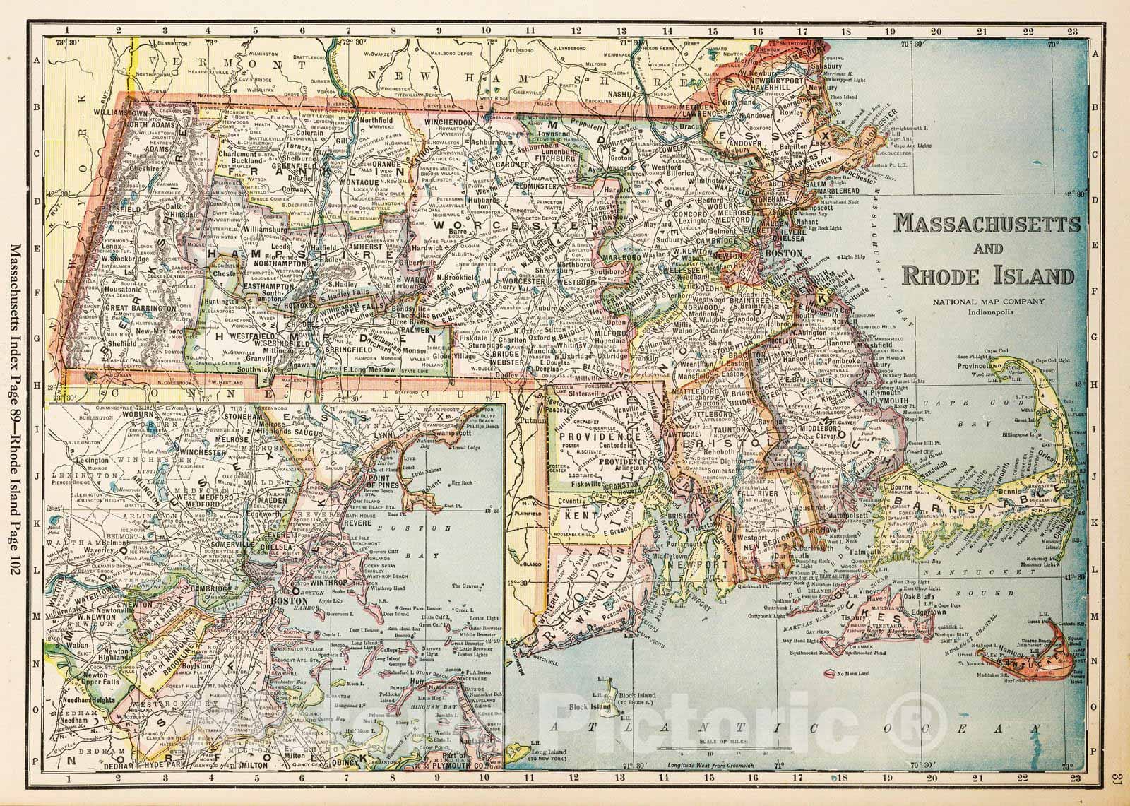 Historic Map : National Atlas - 1927 Massachusetts and Rhode Island - Vintage Wall Art