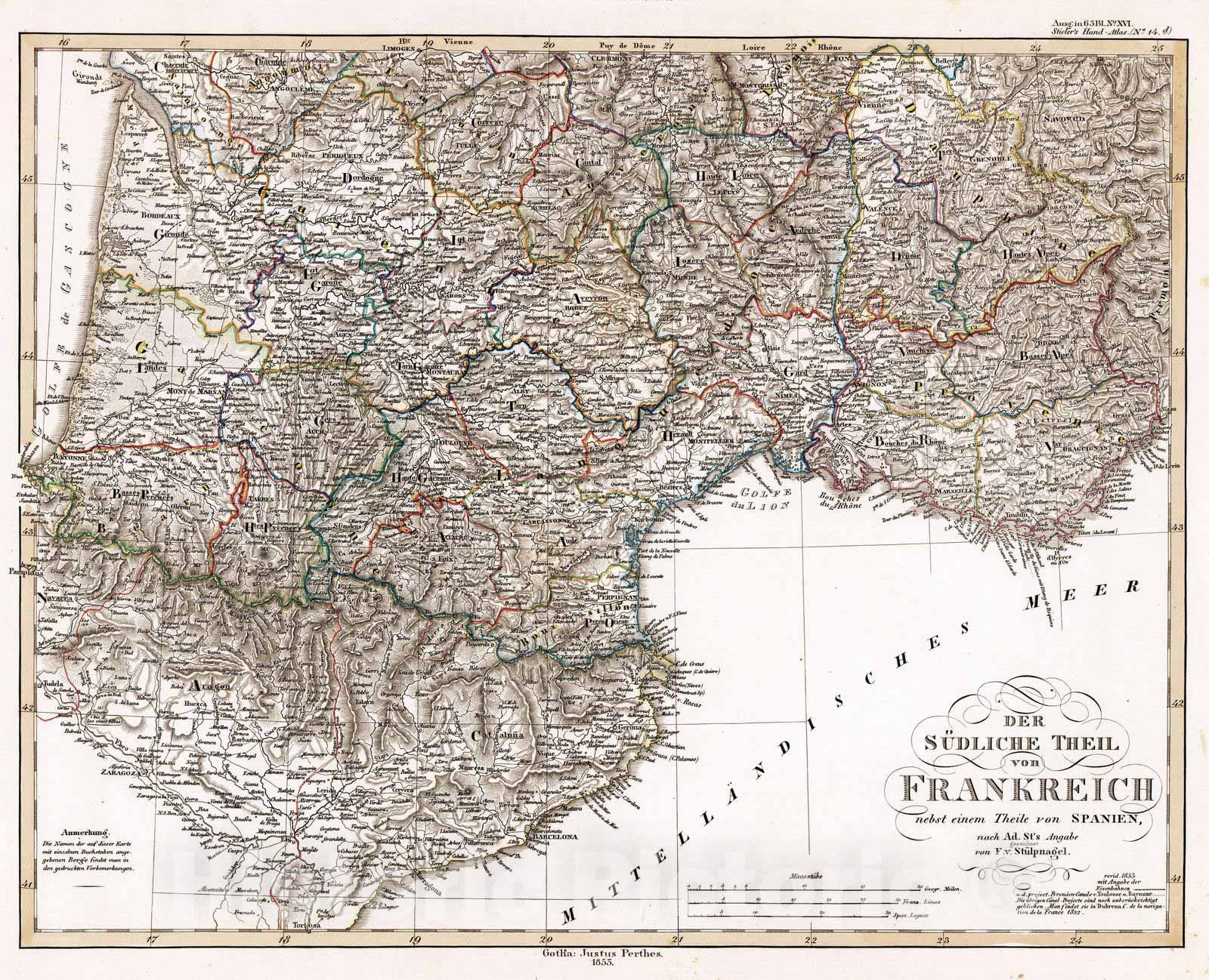 Historic Map : France, 1853 Der Sudliche Theil von Frankreich. (Southern France). , Vintage Wall Art