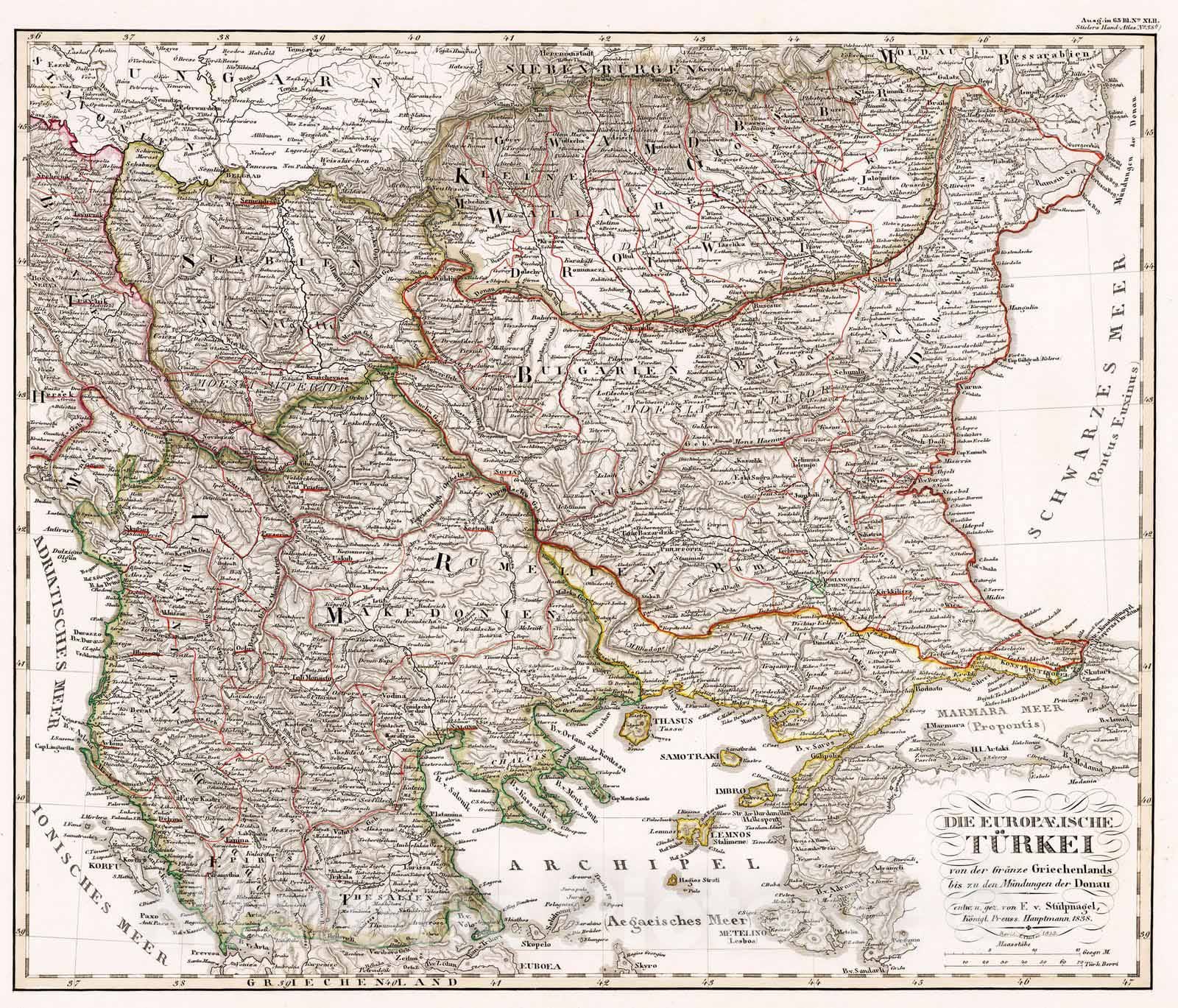 Historic Map : Albania, 1852 Die Europaeische Turkei (Turkey in Europe). , Vintage Wall Art