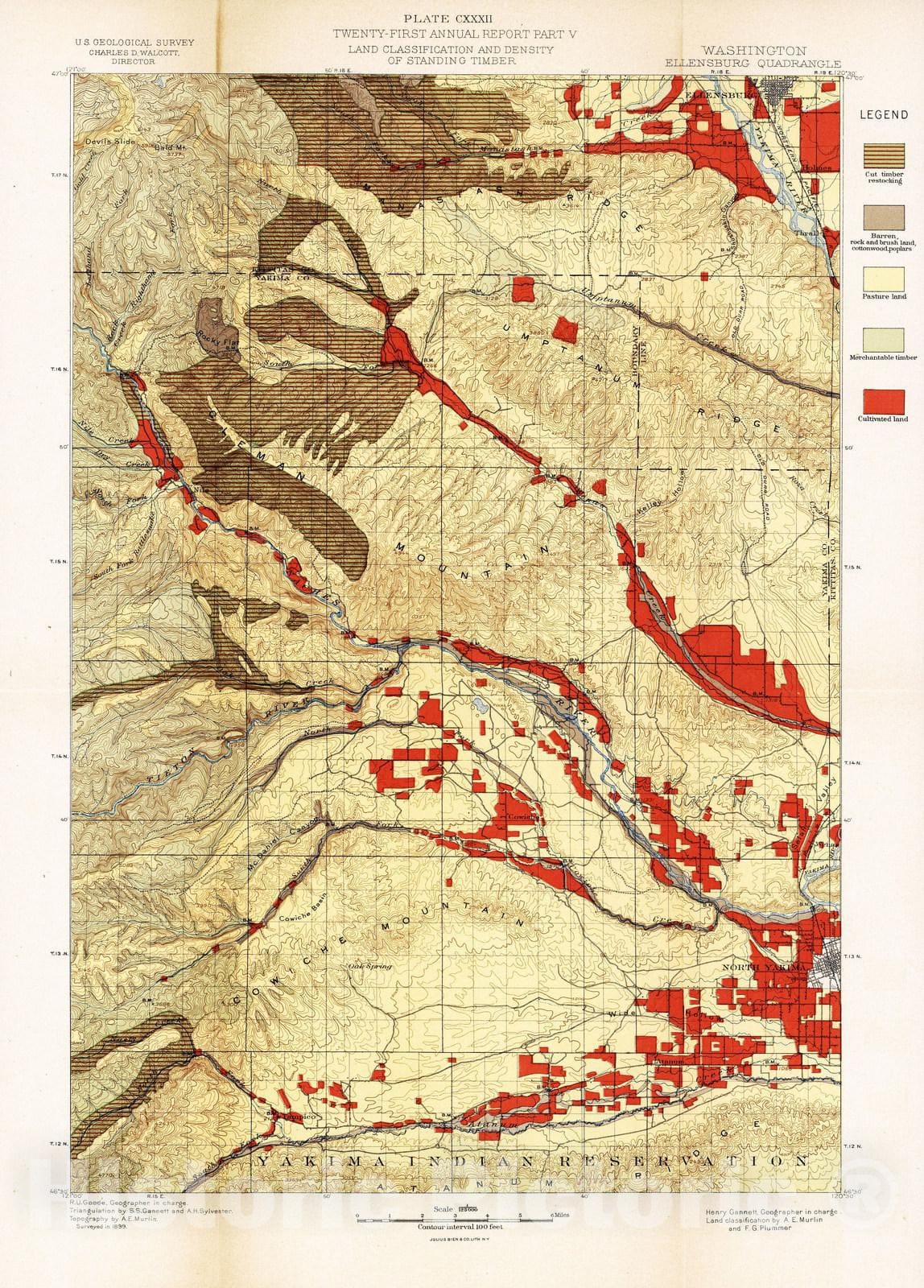 Historic Map : Geologic Atlas - 1900 Plate CXXXII. Ellensburg Quadrangle, Washington, Land Classification and Density of Standing Timber. - Vintage Wall Art