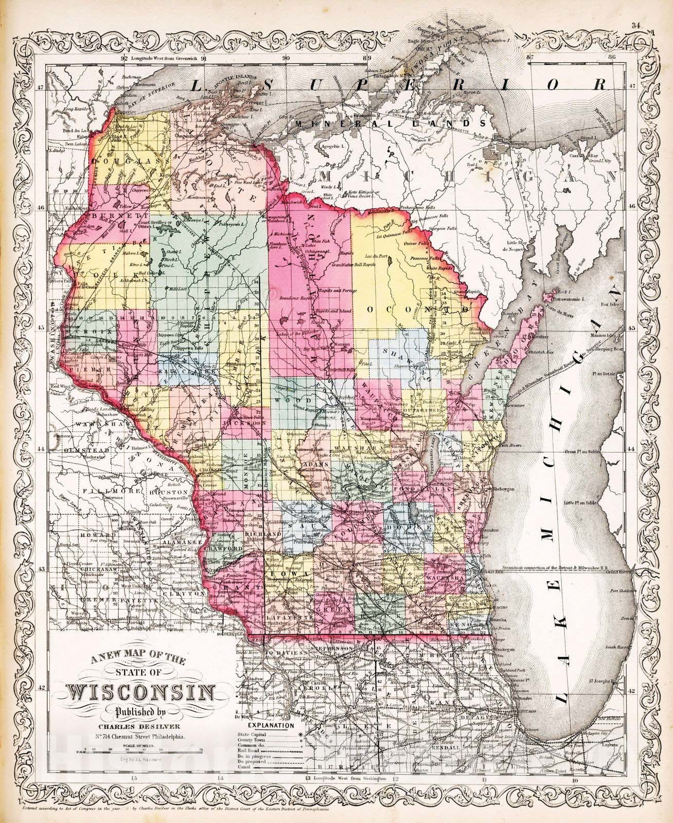 Historic Wall Map : 1859 Wisconsin. v2 - Vintage Wall Art