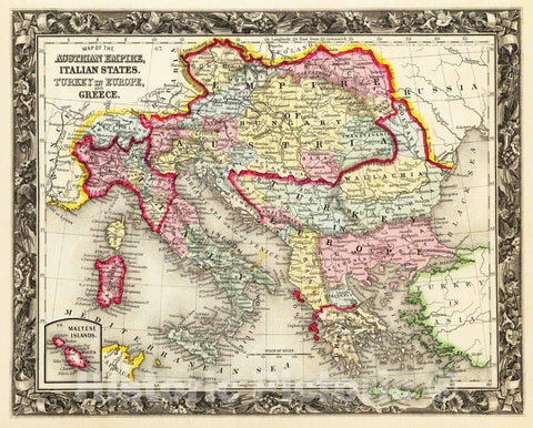 Historic Map : 1860 Map Of The Austrian Empire, Italian States. Turkey In Europe, And Greece. - Vintage Wall Art