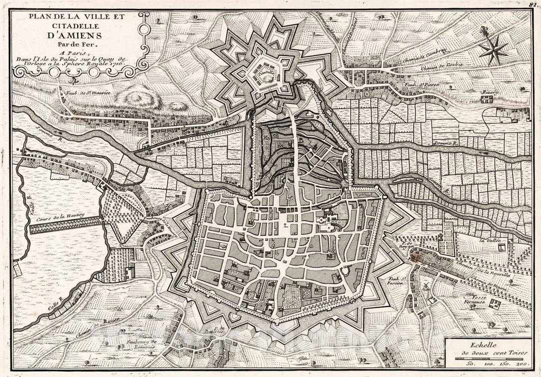 Historic Map : 1716 Plan de la Ville et Citadelle de d'Amiens, France. - Vintage Wall Art