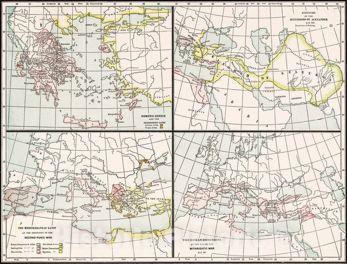 Historic Map : 1901 Homeric Greece, Kingdoms of Successors of Alexander, Mediterranean Lands, Rome Dominions - Vintage Wall Art