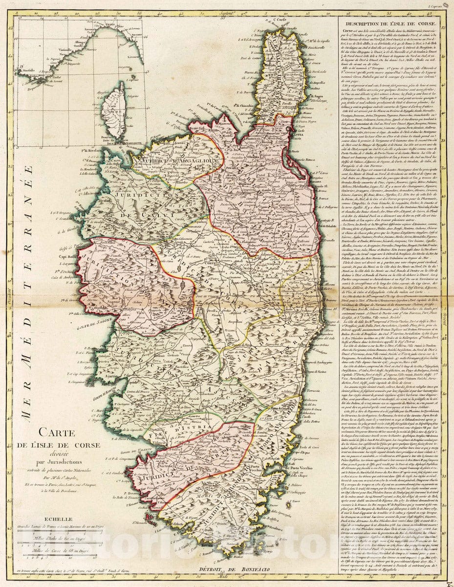 Historic Map : France, Corsica, Europe 1763 Carte de L'Isle de Corse , Vintage Wall Art