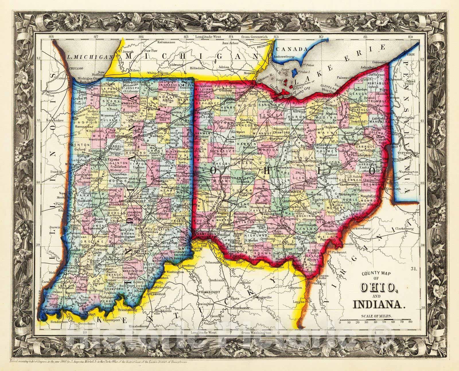 Historic Map : 1860 County Map Of Ohio, And Indiana. - Vintage Wall Art